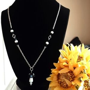 Hand Crafted Lampworks Bead Mushroom Necklace Black White Cottagecore,Fairycore,